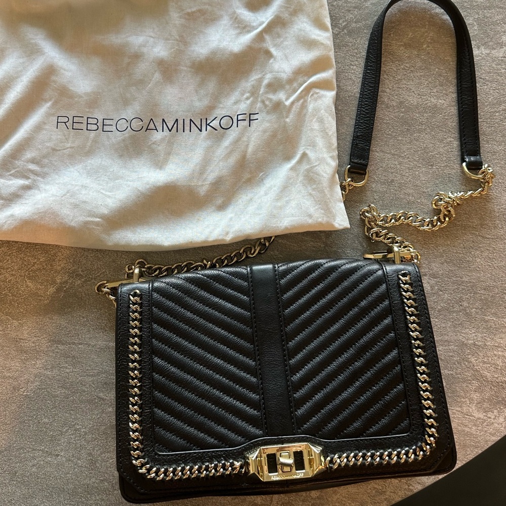 Rebecca Minkoff Chevron Quilted Love Crossbody in Black and Gold